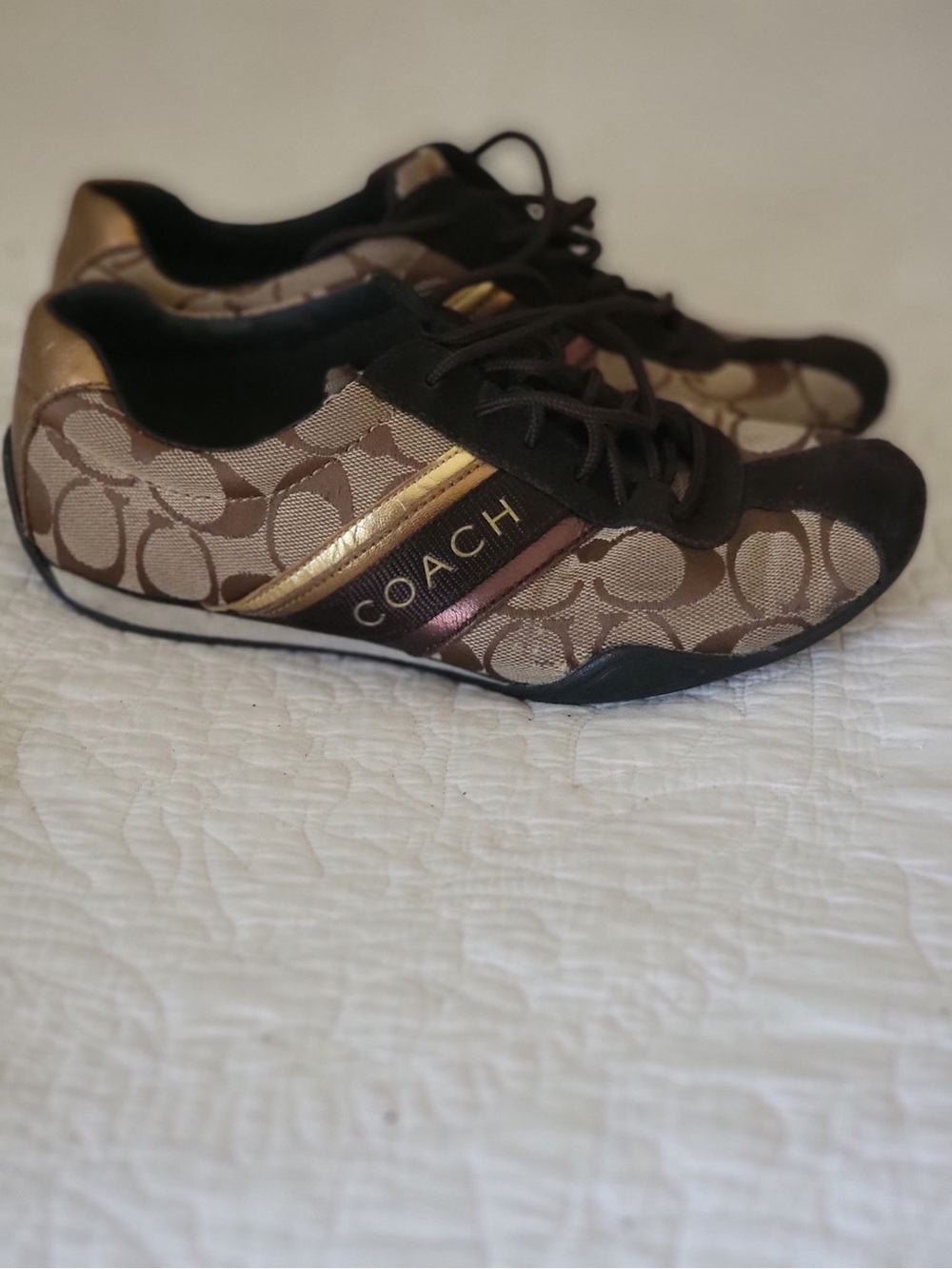 Coach Brown Monogram Sneakers with Gold Accents